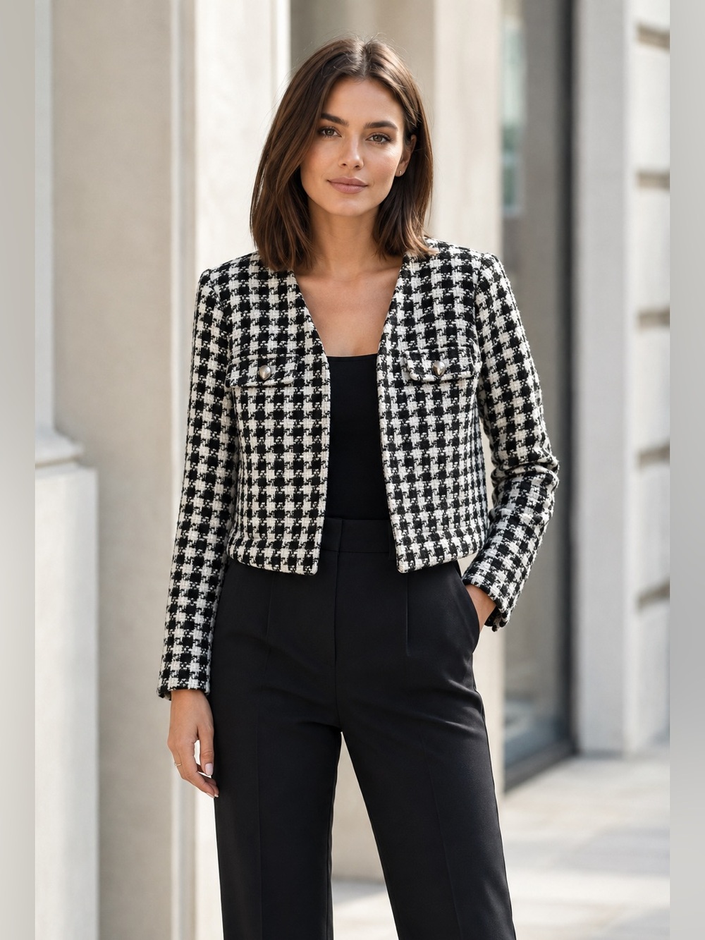 Tahari Black & White Bouclé Cropped Blazer Jacket – Estimated Size Small